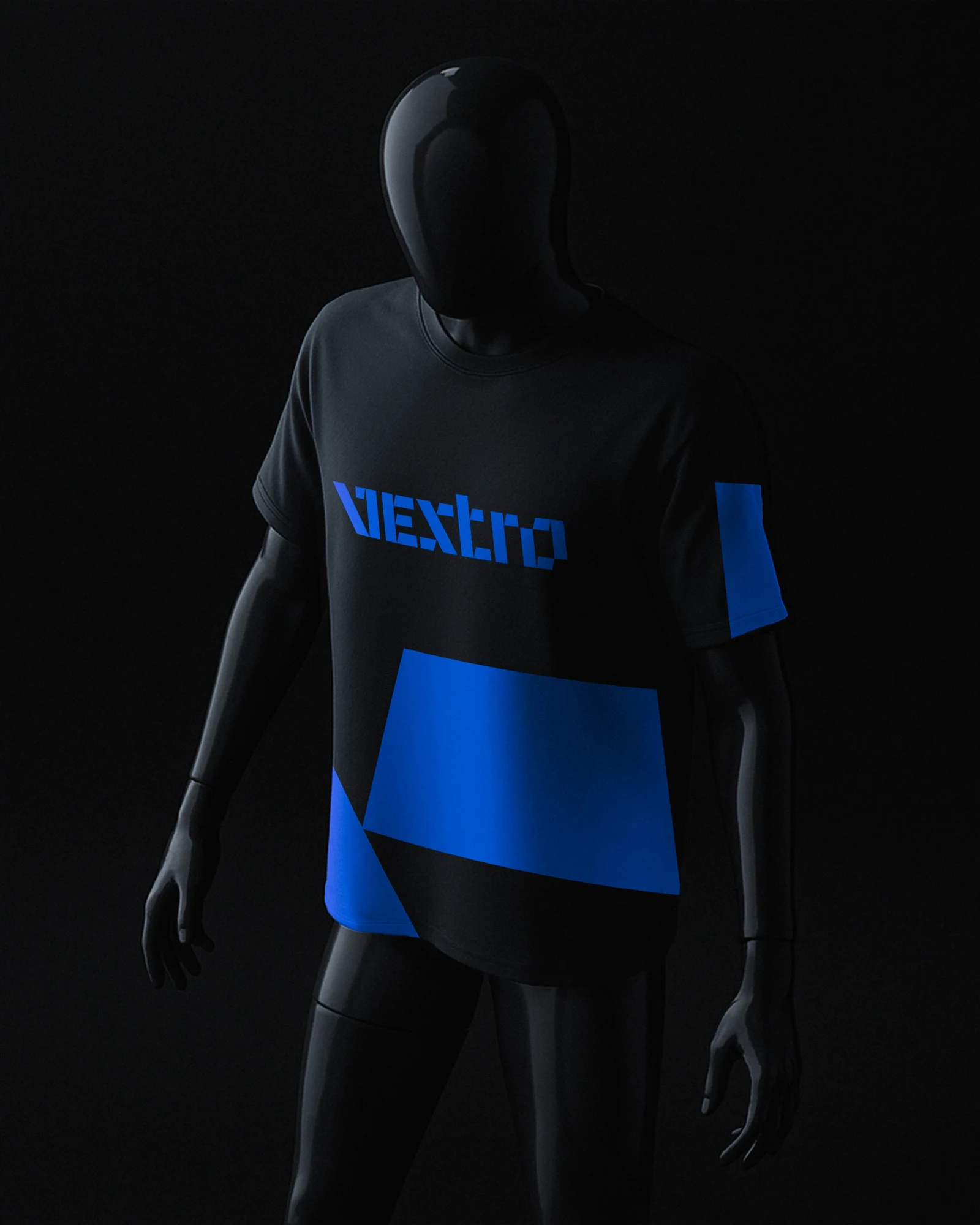 Manequim preto vestindo uma camiseta Vextro com blocos geométricos azuis.
