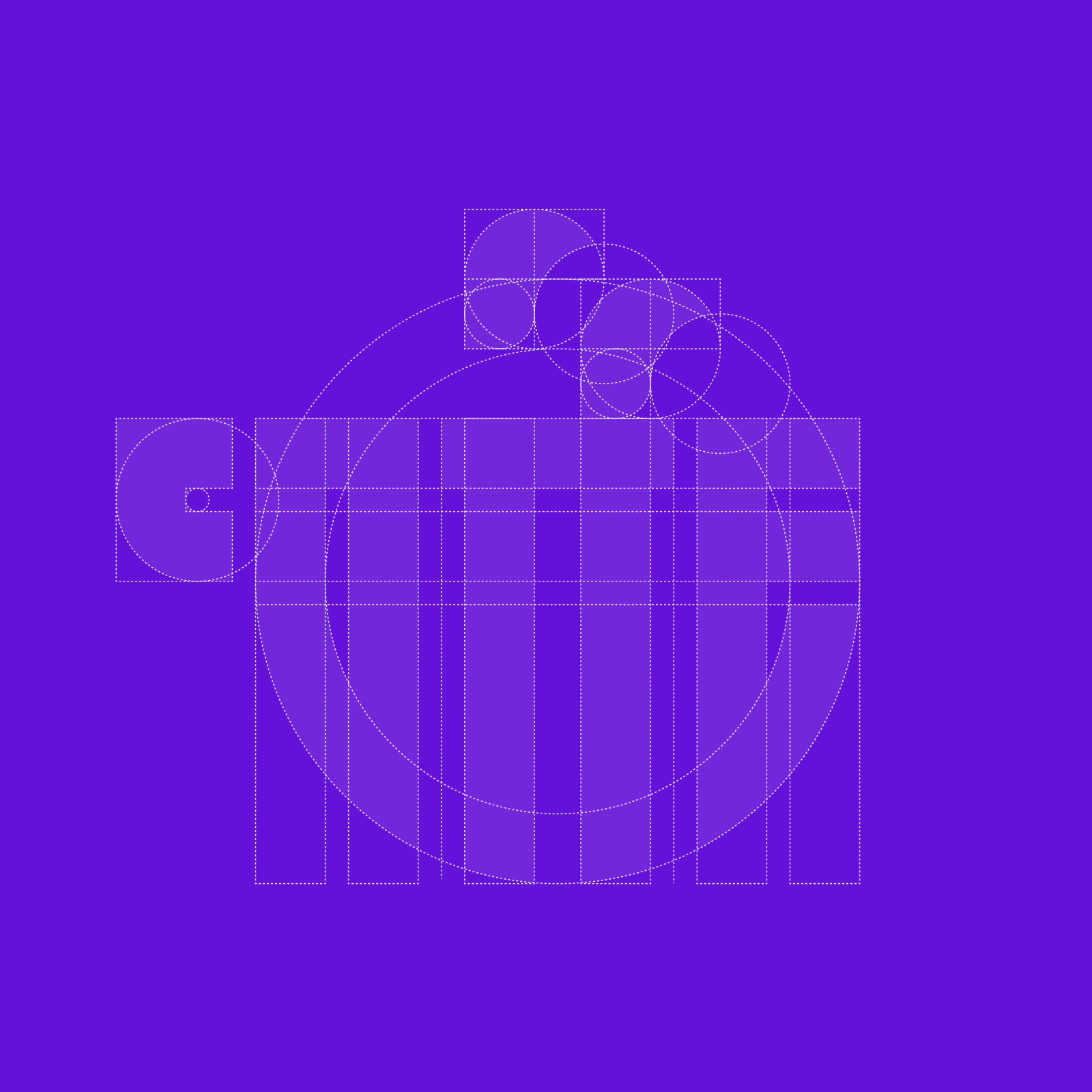 Construção geométrica do símbolo da C0FFE sobre fundo roxo.