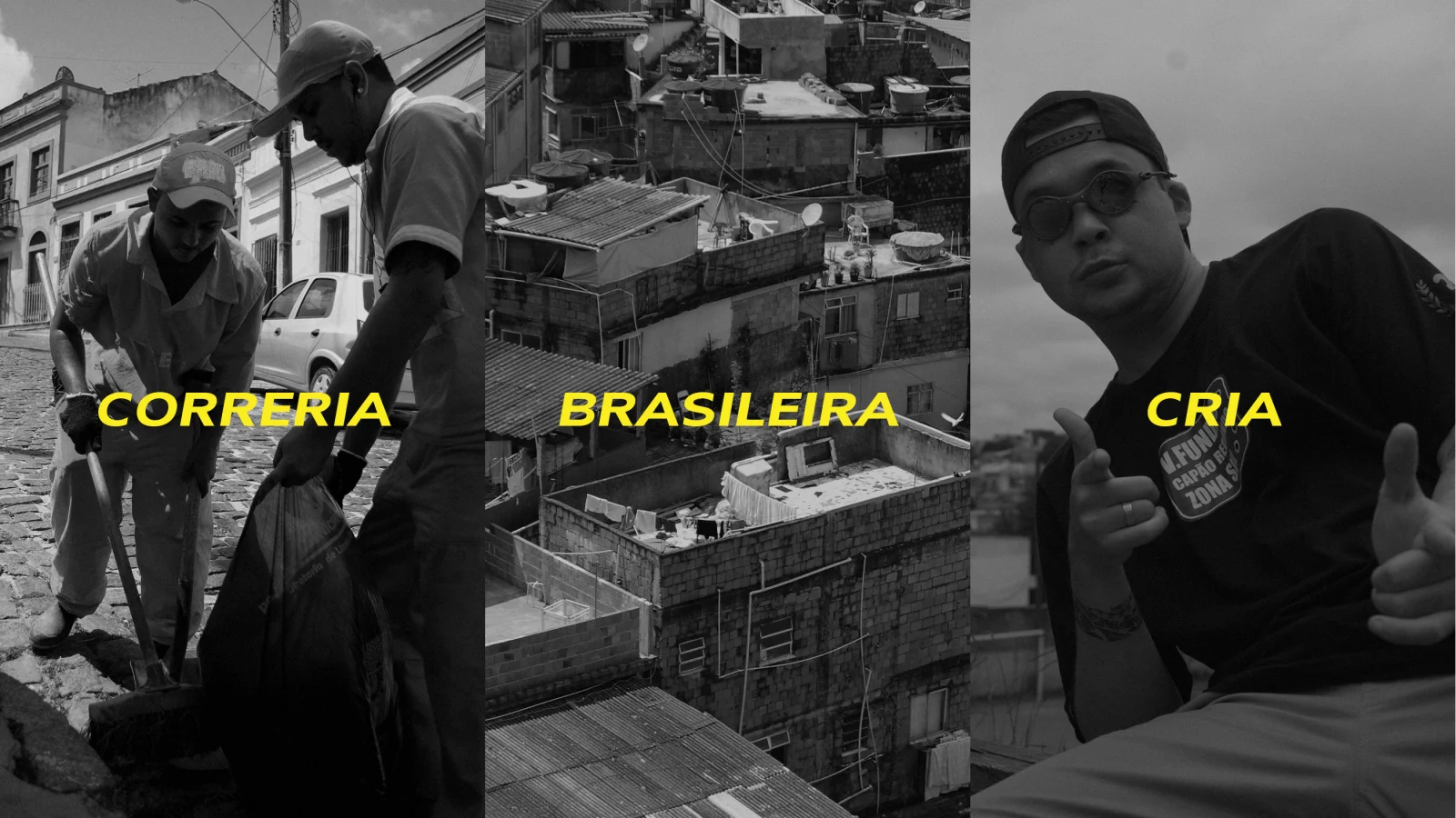 Tríptico em preto e branco com as legendas CORRERIA, BRASILEIRA e CRIA em amarelo.