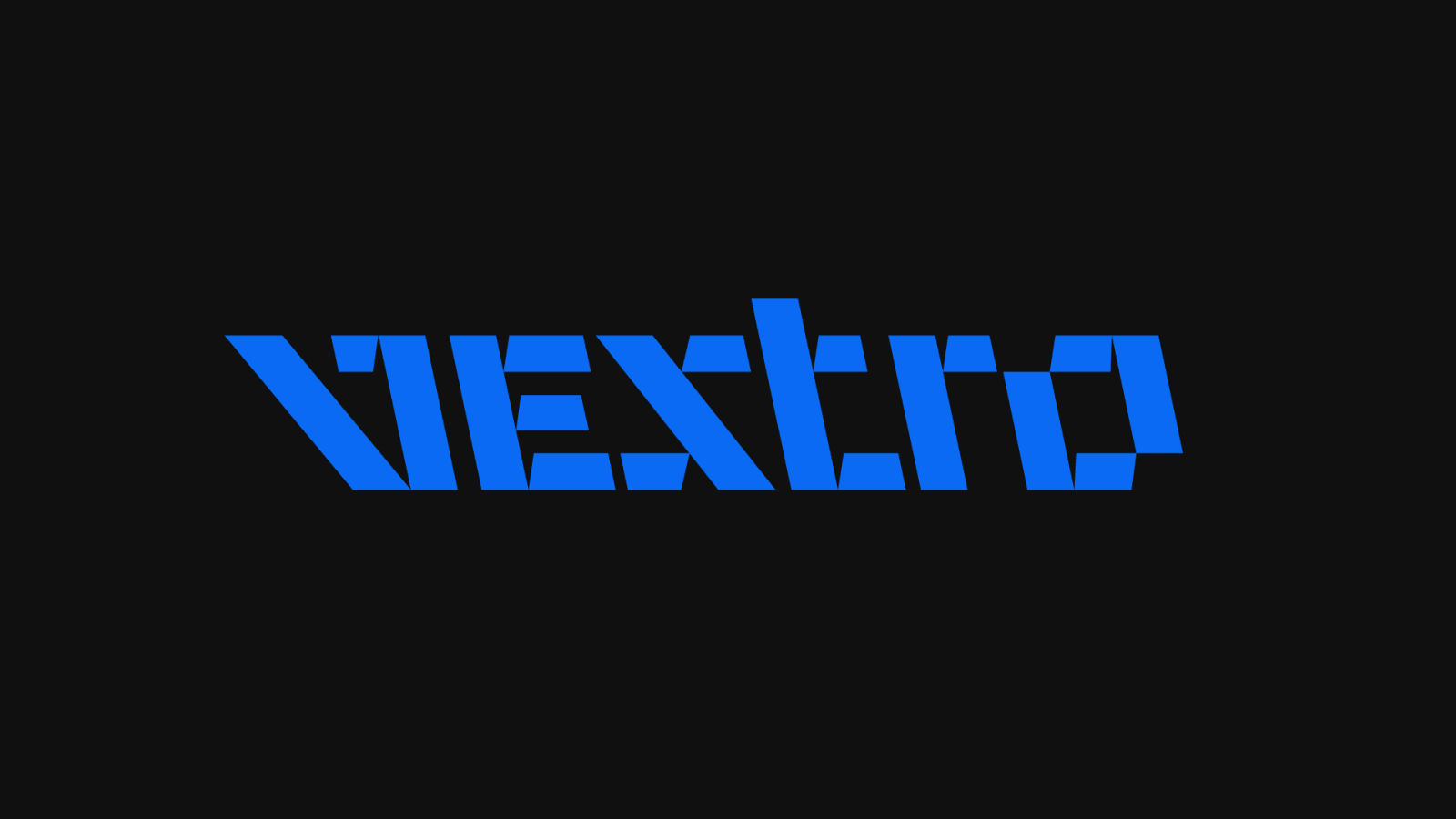 Logotipo da Vextro em azul sobre fundo quase preto.