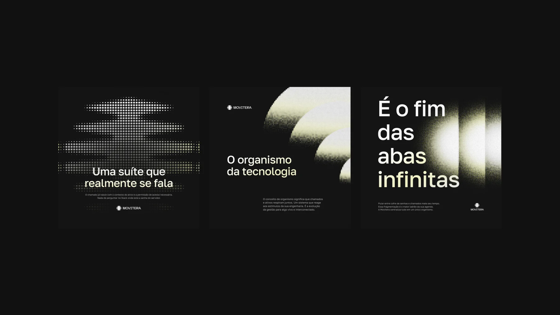 Três peças sociais da Movitera em preto, branco e amarelo elétrico.