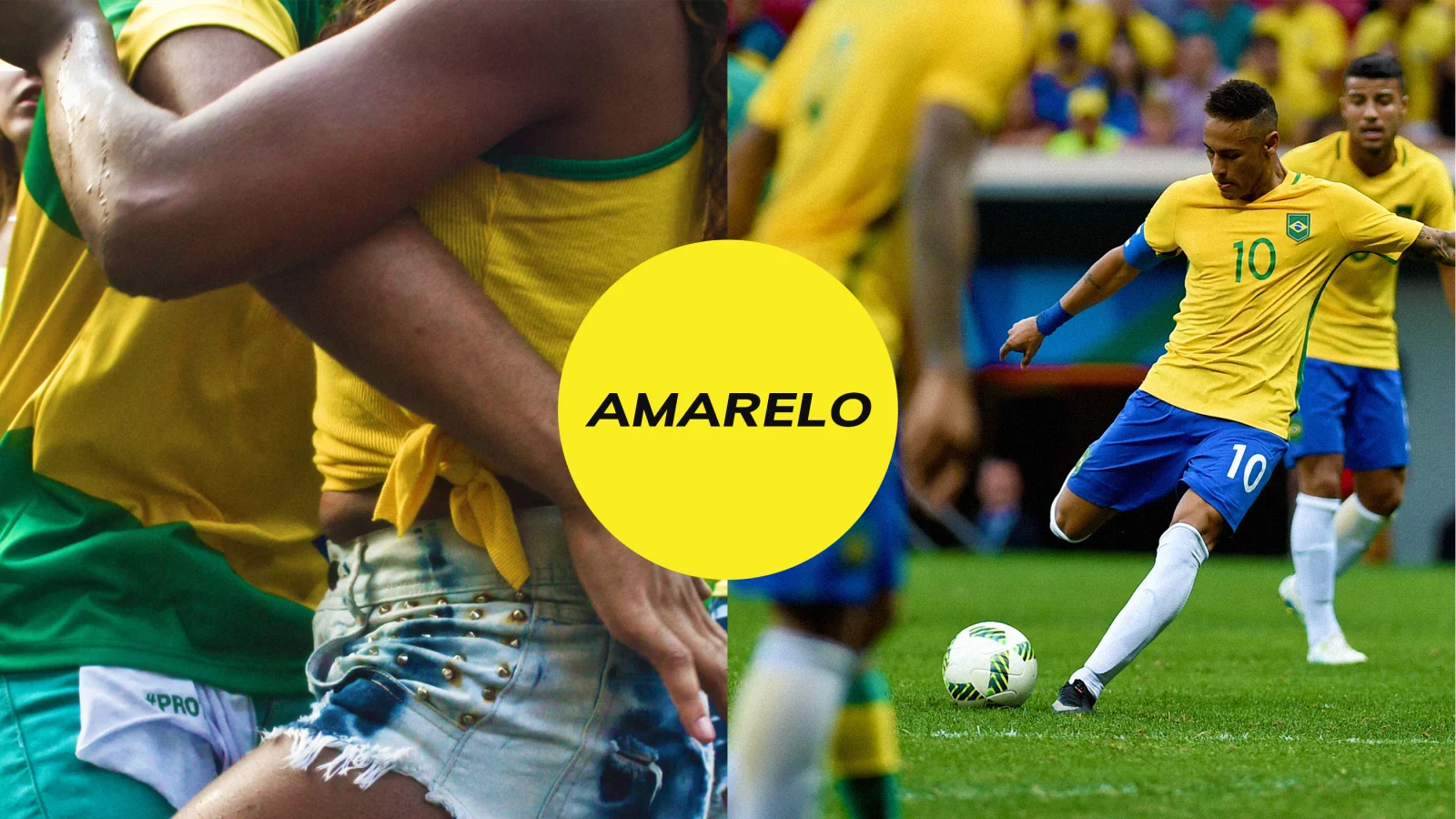 Duas fotografias do amarelo brasileiro com um círculo escrito AMARELO entre elas.