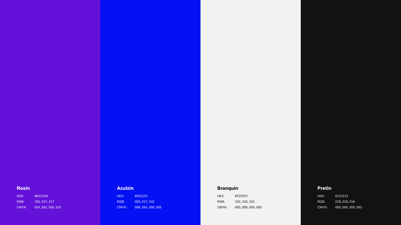 Paleta da marca: Roxin, Azulzin, Branquin e Pretin com hex, RGB e CMYK.