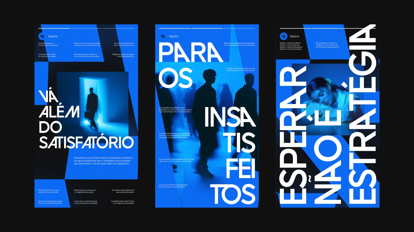 Três cartazes de campanha com luz azul e tipografia condensada em caixa alta.