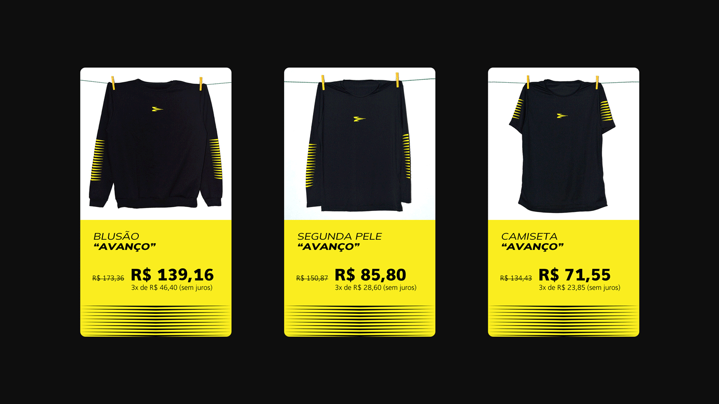 Três cards animados de produto da linha "Avanço" com preços.