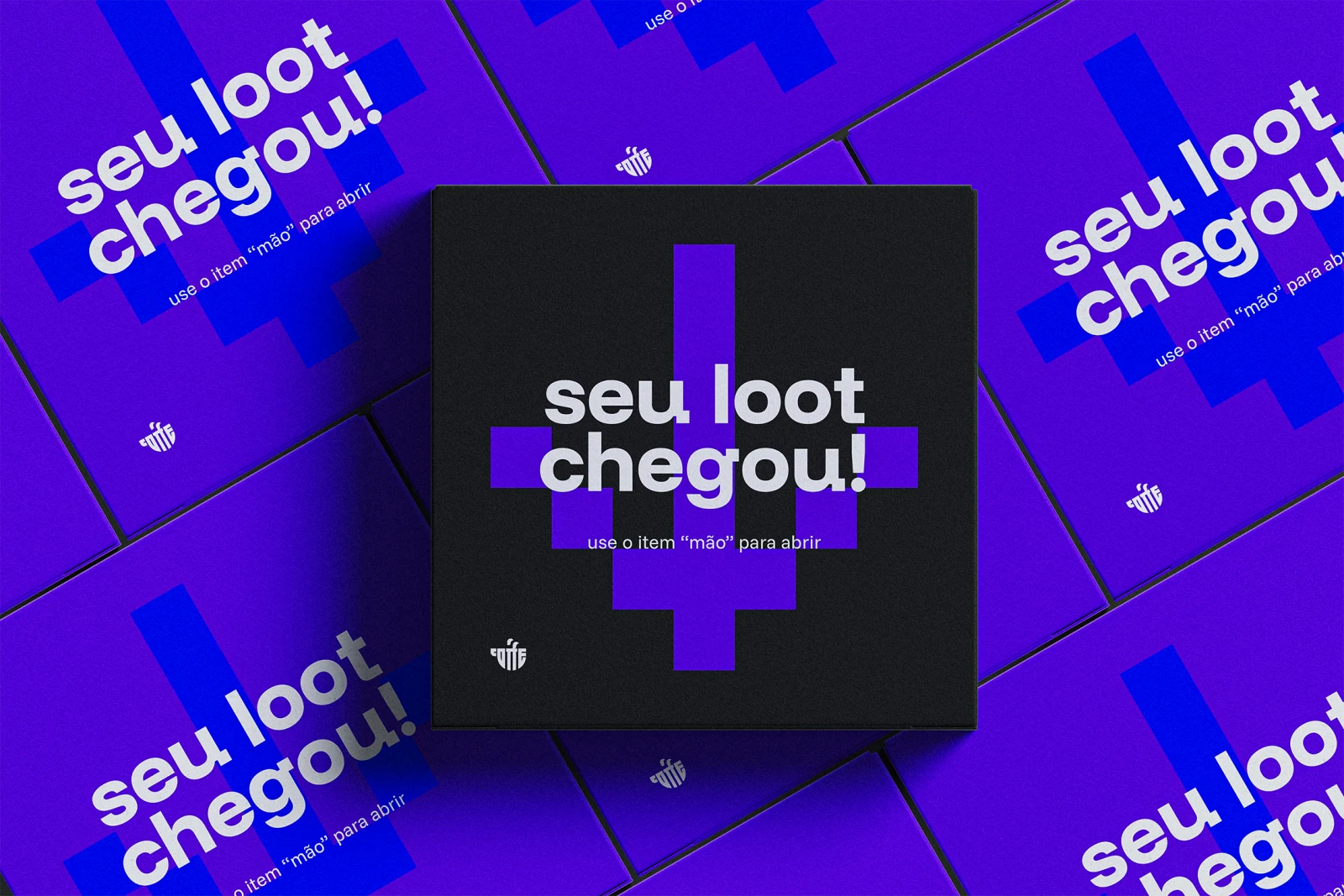 Caixa preta com a frase "seu loot chegou!" sobre embalagens roxas.