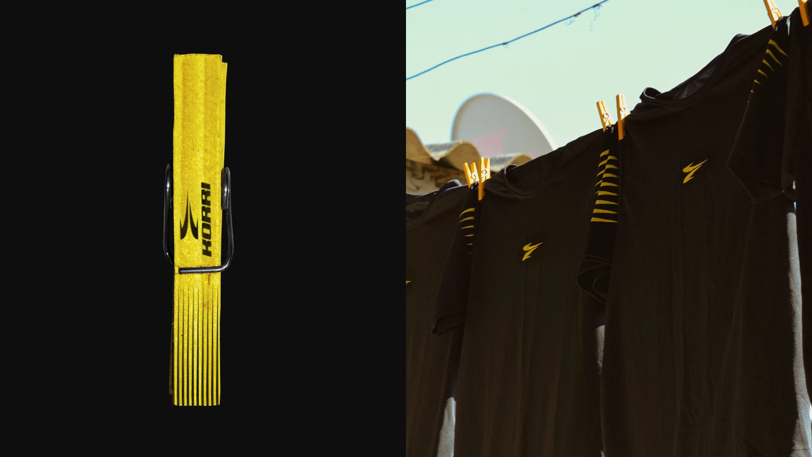 Prendedor amarelo com o logotipo ao lado de camisetas pretas da Korri no varal.