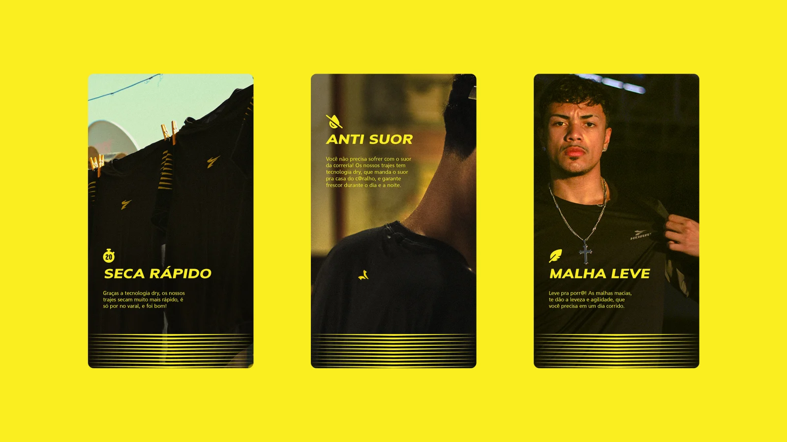 Três stories sobre o tecido: seca rápido, anti suor e malha leve.