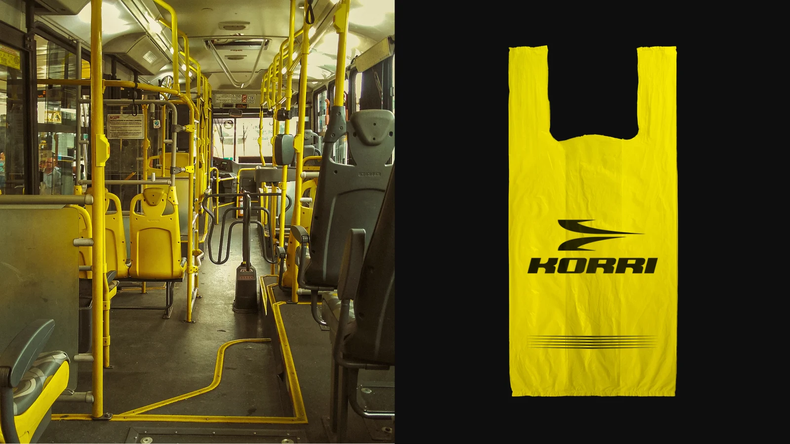 Interior de ônibus amarelo ao lado de uma sacola plástica com o logotipo da Korri.